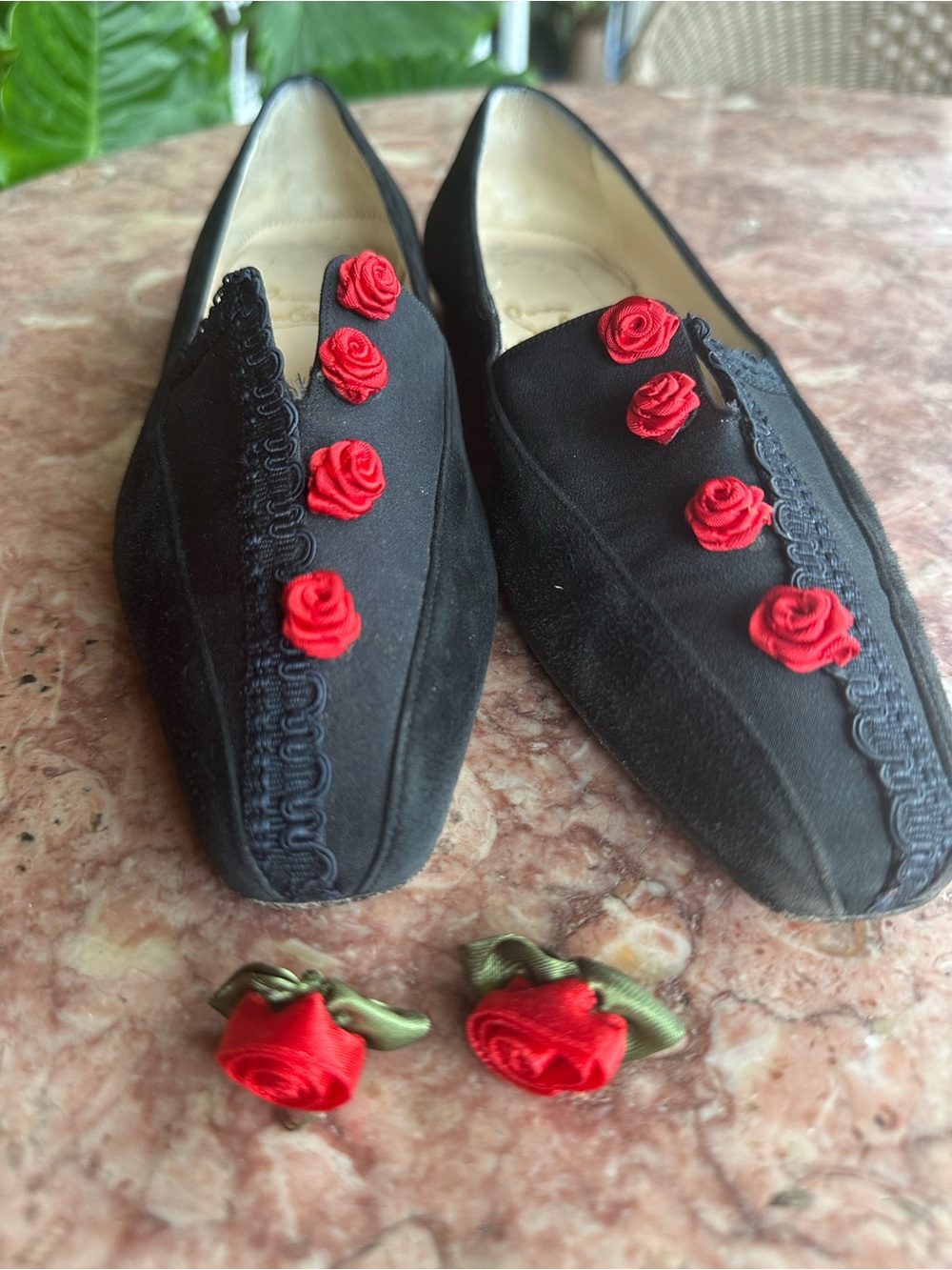 Christian Louboutin Black Suede Slip-On Flats with Red Rose Appliqués
